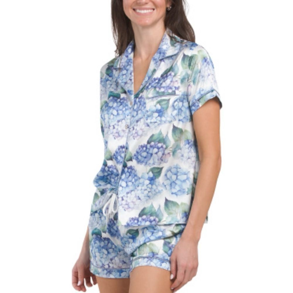 DALIA MACPHEE M Hydrangea Print Notch Collar Button Front Short Sleeve Shorts PJ